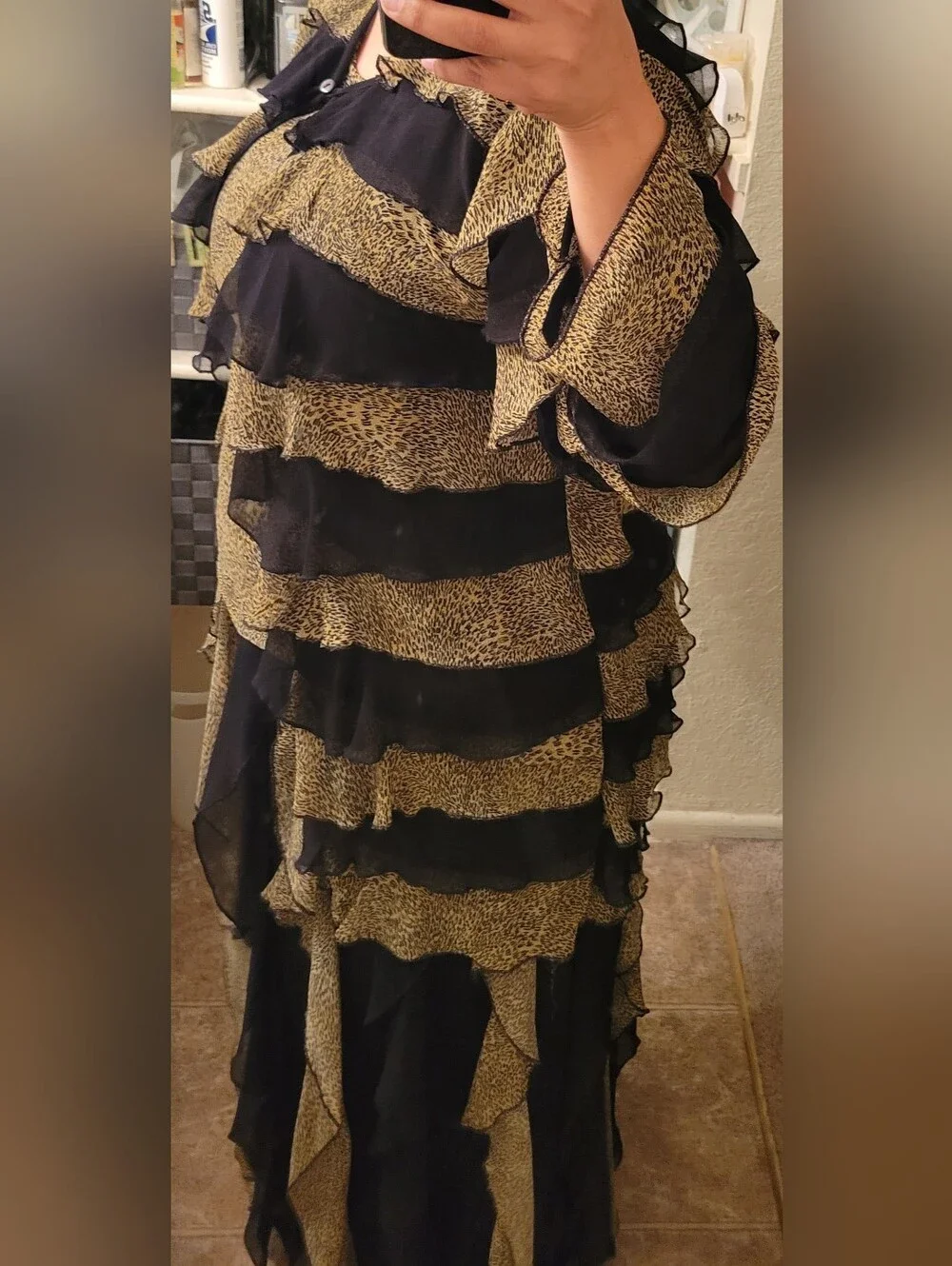 Vintage Black and Animal Print Tiered Ruffle Skirt Set